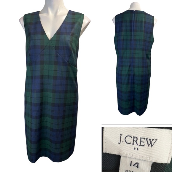 J. Crew Dresses & Skirts - J. Crew dress sz 14 green Blackwatch Plaid V Neck Shift Old Money Dark Academia